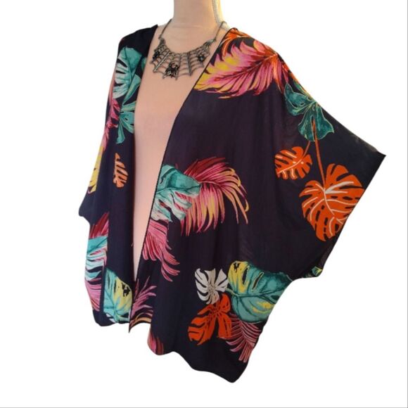 I Joah Black Tropical Open Front Short Sleeve Swim Kimono Cover Up Large NEW - Picture 3 of 12